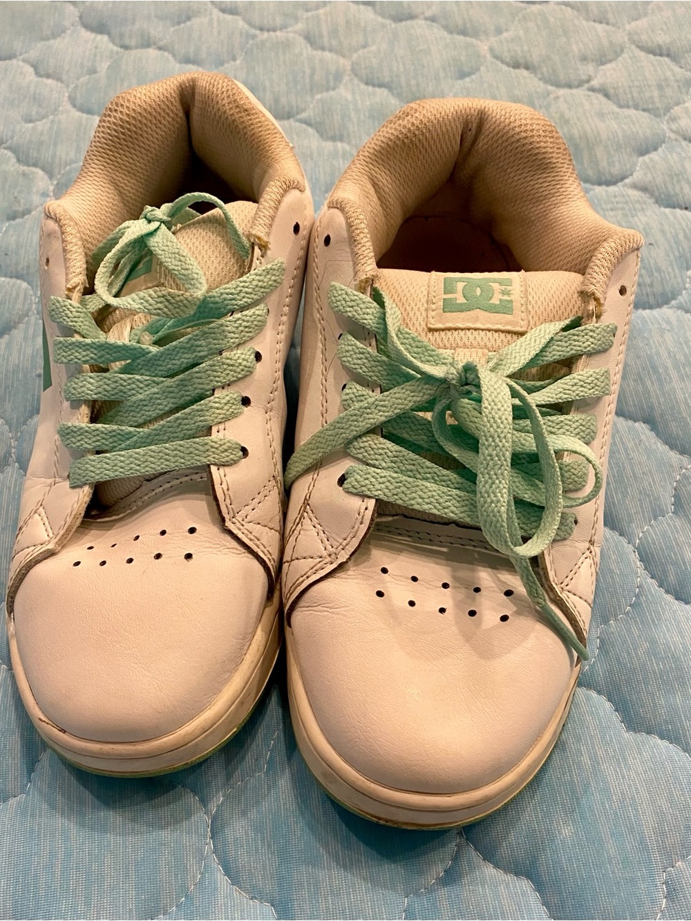 DC Kids White Sneakers with Mint Green Laces